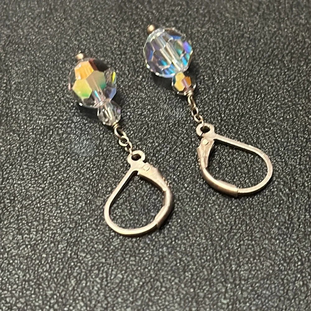 925 Silver Wire Hook Lever Back AB Clear Crystal Dangle Vintage Earrings
